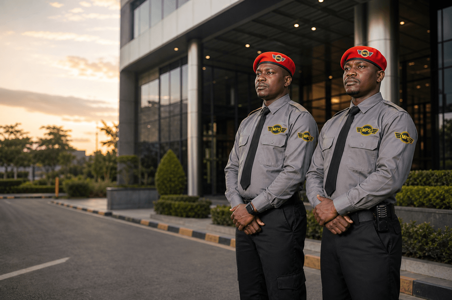 Two Metropolitan security officers outside a corporate headquarters